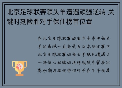 北京足球联赛领头羊遭遇顽强逆转 关键时刻险胜对手保住榜首位置