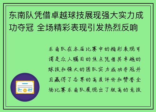 东南队凭借卓越球技展现强大实力成功夺冠 全场精彩表现引发热烈反响