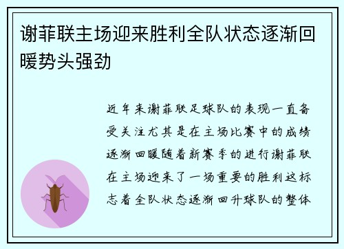 谢菲联主场迎来胜利全队状态逐渐回暖势头强劲