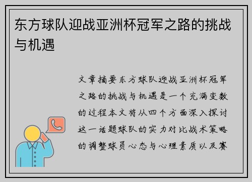 东方球队迎战亚洲杯冠军之路的挑战与机遇