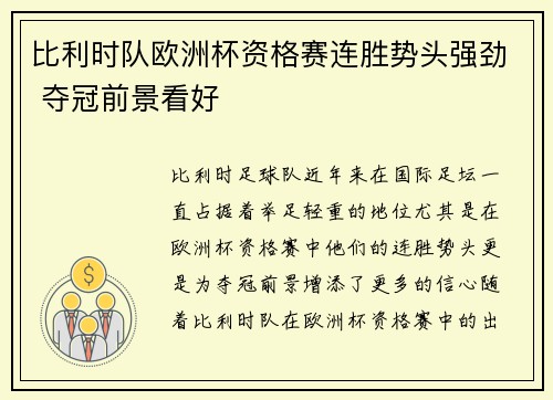 比利时队欧洲杯资格赛连胜势头强劲 夺冠前景看好