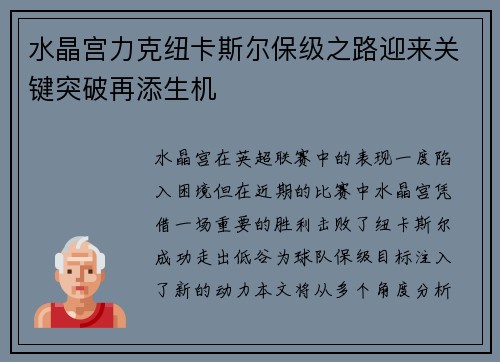 水晶宫力克纽卡斯尔保级之路迎来关键突破再添生机