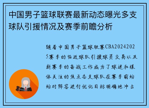 中国男子篮球联赛最新动态曝光多支球队引援情况及赛季前瞻分析
