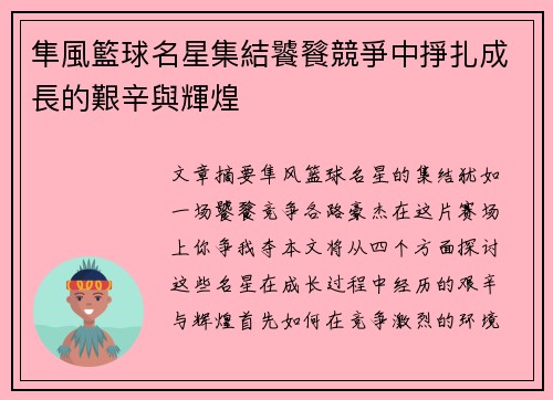 隼風籃球名星集結饕餮競爭中掙扎成長的艱辛與輝煌